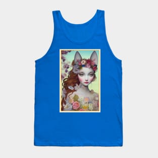 Fantasy art painting of a girl with flowers and ears of a cat Tank Top